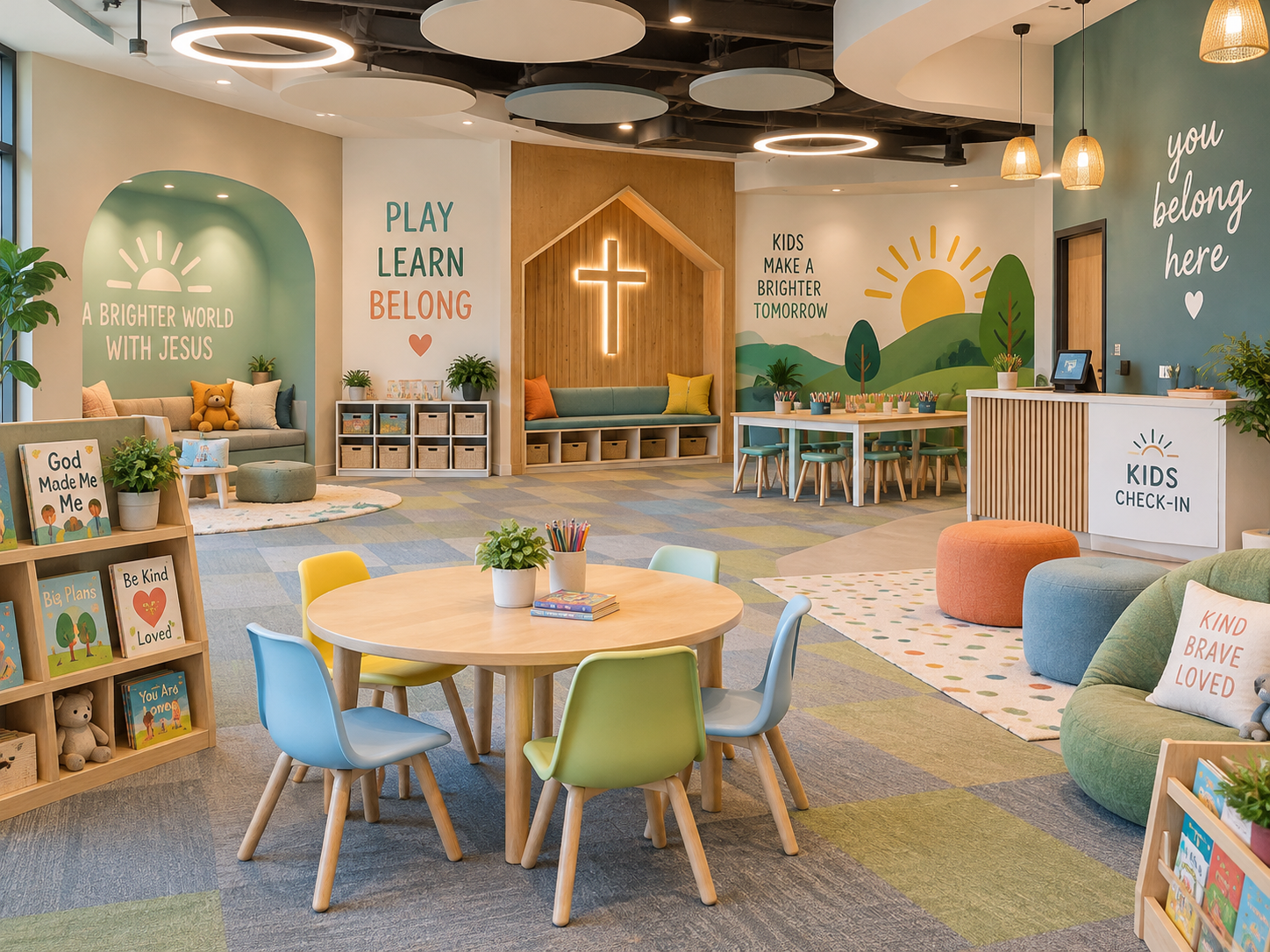 Children’s ministry educational space with classrooms and play areas